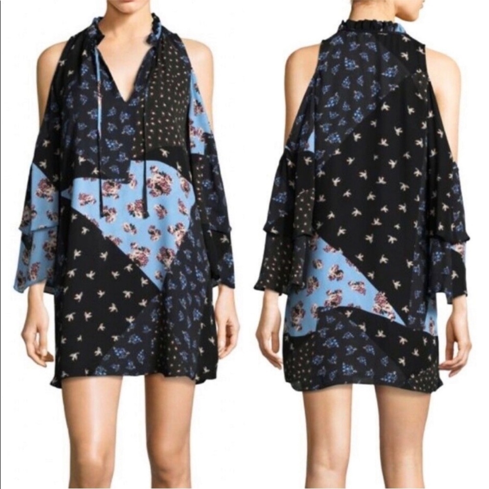 Parker Anastasia Bird Floral Patchwork Cold Shoulder Silk Dress Parker